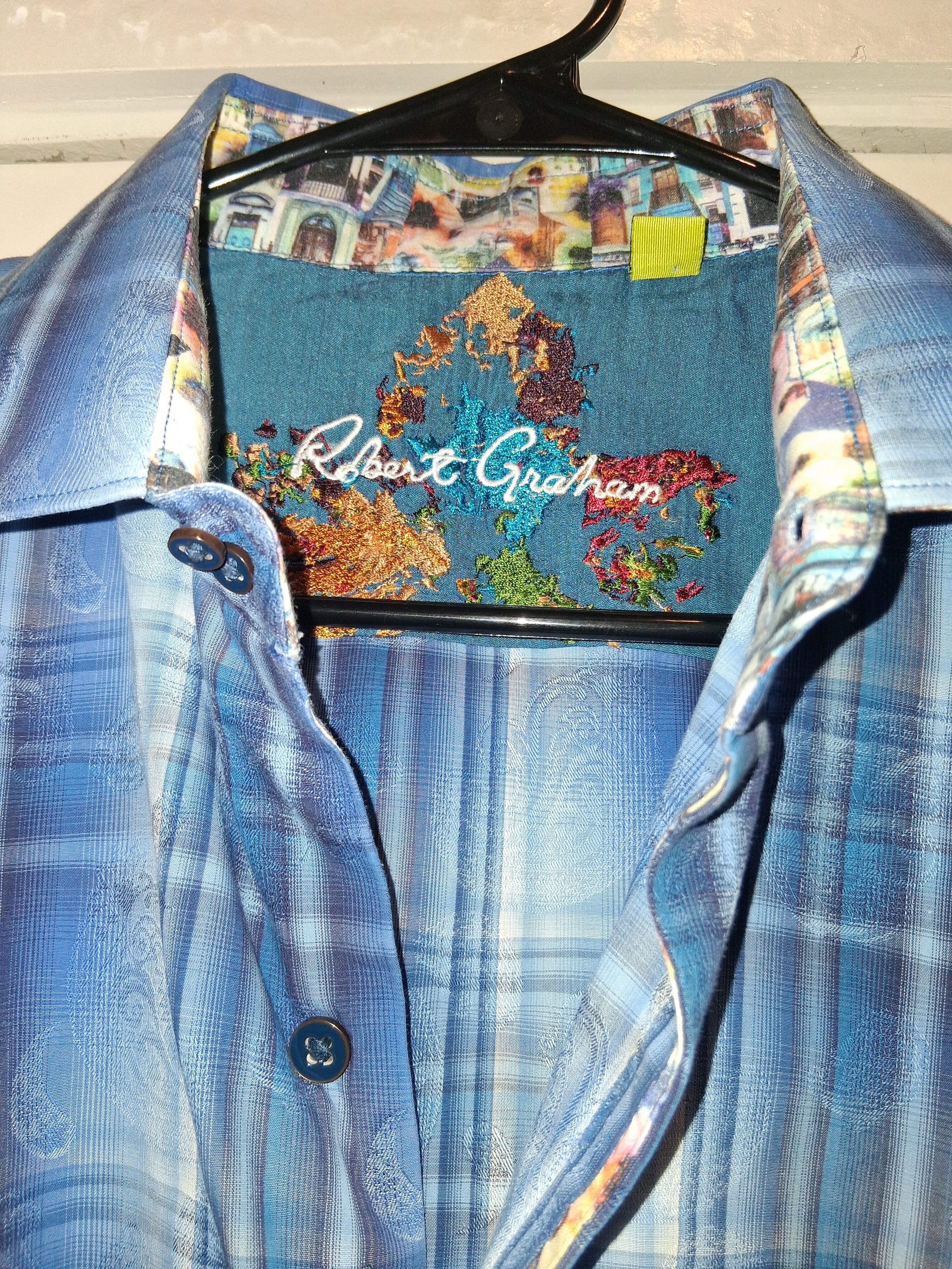 Robert Graham Light Blue Plaid Button-Down With Colorful Embroidered Yoke